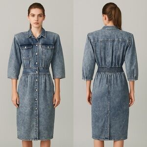 Vintage ADA Paris Acid Wash Denim Snap Down Midi Dress